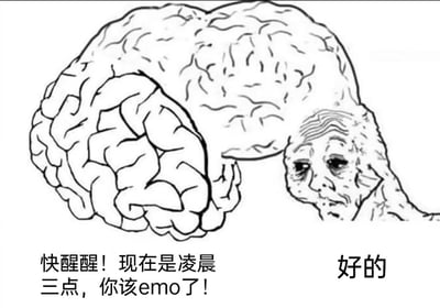 这是一张黑白线稿风格的网络梗图，画面核心是一个被拟人化的大脑，大脑的一端延伸出一个面容疲惫、神情低落的老人形象，生动地将大脑具象化为会产生情绪的个体。图中配有两组对话文字，左侧文字以提醒的语气说道“快醒醒！现在是凌晨三点，你该emo了！”，右侧的老人形象则以顺从的语气回应“好的”。这张图用荒诞又幽默的方式，精准戳中了当代年轻人在深夜容易陷入情绪低落、emo状态的普遍痛点，通过拟人化的手法将大脑到点触发负面情绪的状态具象化，引发众多有过类似深夜情绪体验的网友的共鸣。