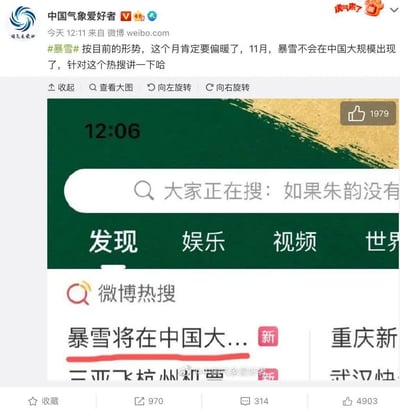 这是一张微博截图，内容为认证用户“中国气象爱好者”于今日12:11发布的天气分析帖。帖子中提到“按目前的形势，这个月肯定要偏暖了，11月，暴雪不会在中国大规模出现了，针对这个热搜讲一下哈”，并带有#暴雪#话题标签。截图下方包含一张搜索界面截图，显示“大家正在搜：如果朱韵没有”的搜索框内容，以及微博热搜“暴雪将在中国大...”（部分文字被截断）。画面中可见微博的互动数据，如点赞数4903、评论314等。