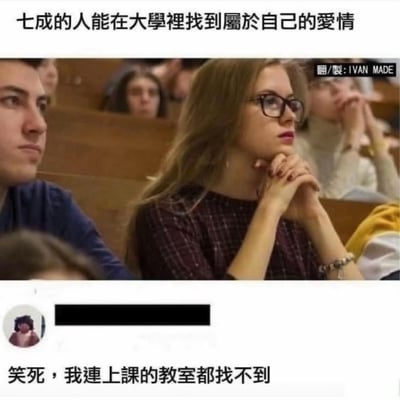 一张校园主题的梗图，上方文字写着'七成的人能在大學裡找到屬於自己的愛情'，下方配图是大学阶梯教室里认真听讲的学生们，其中一位戴眼镜的女生双手托腮，表情若有所思。图片底部则配有反差文字'笑死，我連上課的教室都找不到'，通过对比大学浪漫爱情的普遍期待与找不到教室的尴尬现实，制造幽默效果。