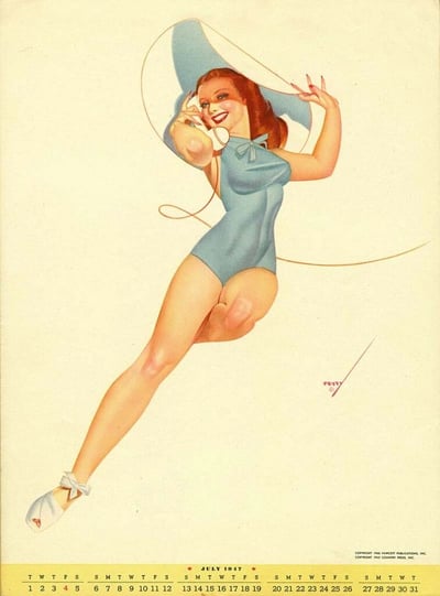这是一张1947年7月的复古日历插画，画面主体是一位身着蓝色连体泳衣的女性，她戴着宽大的蓝色帽子，正微笑着摆出优雅姿势。女性有着红色长发，指甲涂成红色，脚上穿着白色系带凉鞋。插画采用了经典的Pin-up风格，人物姿态柔美，线条流畅。画面底部是日历部分，显示了7月份的日期网格和星期标识。