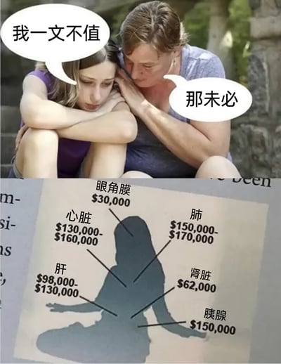 这是一张上下拼接的图文内容，上半部分为真人安慰场景：一位穿着紫色上衣的年轻女孩蜷缩着身体，双臂抱膝，神情低落，表现出强烈的自我否定情绪，她的对白气泡写着“我一文不值”；旁边穿着深色上衣的女性将她揽在怀中，神情温柔关切，对白气泡写着“那未必”。下半部分是一张印有女性剪影的纸张，详细标注了人体不同器官的商业售价：眼角膜30000美元，心脏130000-160000美元，肺150000-170000美元，肝98000-130000美元，肾脏62000美元，胰腺150000美元。整张图通过这种另类的方式，用人体器官的商业价值来反驳自我否定的想法，给陷入自我怀疑的人提供一种现实且有冲击力的安慰。
