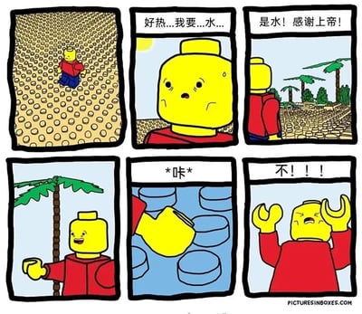 这是一组由六格画面组成的连环卡通漫画，主角是经典的乐高小人。第一格呈现乐高小人被困在由乐高颗粒铺成的沙漠中，孤立无援；第二格中，小人满脸疲惫，额头挂着汗珠，虚弱地念叨着口渴想要水，尽显脱水的难受；第三格小人看到前方的水域，瞬间露出惊喜的神情，激动地感谢上天；第四格小人开心地伸出手，迫不及待想要触碰水源；第五格是手部接触水面的特写，伴随“*咔*”的声响，揭示出水面是由乐高的凹孔结构组成，而乐高小人的手是凸点结构，两者完美契合卡住了手；第六格小人崩溃地举起被卡住的手，大喊着表达绝望，漫画利用乐高积木的物理拼接特性，制造出从希望到绝望的反转，充满黑色幽默的搞笑效果。