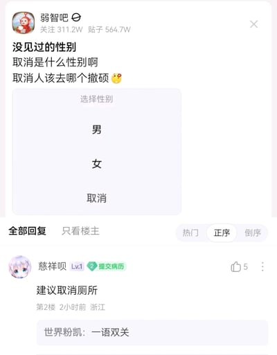 这是一张百度贴吧“弱智吧”的帖子截图，楼主展示了一个设计失误的性别选择界面，该界面除了常规的“男”“女”选项外，还错误地将“取消”也列为可选选项。楼主以此为梗，调侃性地提问“取消是什么性别啊，取消人该去哪个撤硕（厕所的谐音）”，引发趣味讨论。二楼用户回复“建议取消厕所”，这个回复玩了双关梗，既对应选项里的“取消”，又巧妙回应了“取消人去哪厕所”的问题，被其他用户评价为“一语双关”，整体内容充满无厘头的搞笑氛围，符合弱智吧的内容风格。