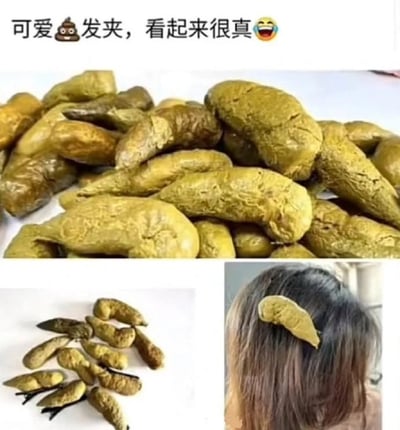 图片为多图拼接的图文混排内容，顶部文字为'可爱💩发夹，看起来很真😂'。中间大图展示一堆棕黄色、形似大便的物体，质感逼真；左下角图片显示多个带有黑色发夹底座的同款物体，明确其发夹用途；右下角图片为一个人将该发夹夹在头发上的效果。整体通过将日常排泄物造型设计成可爱发夹，形成强烈的视觉反差和幽默效果，引发搞笑、猎奇的观感。