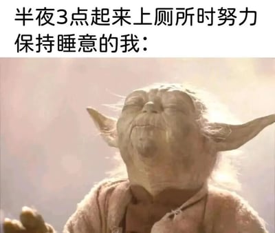 这张梗图上方配有文字'半夜3点起来上厕所时努力保持睡意的我:'，下方是《星球大战》中尤达大师闭眼冥想的经典画面。图片通过尤达专注冥想的神情与普通人半夜如厕后努力保持睡意的日常场景形成幽默对比，表达了人们在夜间醒来后试图重新入睡时的艰难与专注。