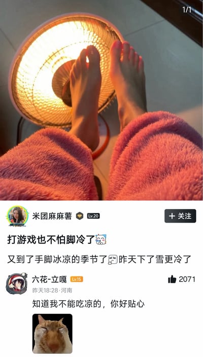 这是一张竖屏的社交媒体截图，上半部分是用户拍摄的自己穿着粉色毛绒裤，双脚放在小太阳取暖器前取暖的实拍画面，配文表示冬季手脚冰凉，打游戏时这样就不怕脚冷了；下半部分是评论区内容，有网友故意曲解原意，回复“知道我不能吃凉的，你好贴心”，并搭配流泪猫猫头的表情包，将“脚冷”误解为“吃凉的”，制造出荒诞又搞笑的错位笑点。

笑点解析：评论者通过故意误解楼主所说的“脚冷”，将其谐音曲解为“吃凉的”，形成了典型的误解类搞笑梗，反差感拉满。