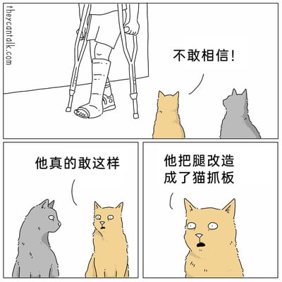 这是一幅三格连环搞笑漫画，以猫咪的独特视角展开剧情。第一格中，画面展示了一位腿打石膏、拄着拐杖的人类下半身，一旁的黄猫看到后发出“不敢相信！”的惊叹；第二格中，灰猫与黄猫对视，难以置信地说道“他真的敢这样”；第三格中，黄猫瞪大双眼、嘴巴张开，脑洞大开地吐槽“他把腿改造成了猫抓板”。漫画利用猫咪喜欢抓挠粗糙表面的习性，将人类骨折后的石膏腿误解为专门改造的猫抓板，通过动物的脑洞制造出幽默的反差效果，充满趣味。