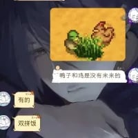 这是一张社交聊天记录截图，画面上方嵌入了一张像素风格的图片，展示了一只鸭子和一只鸡，配文“鸭子和鸡是没有未来的”；下方聊天框中出现两条回复：“有的”“双拼饭”，通过将“没有未来”的悲情设定，用“鸭鸡双拼饭”这个生活化的美食内容反转，制造出搞笑的反差效果，属于玩梗类的聊天内容。