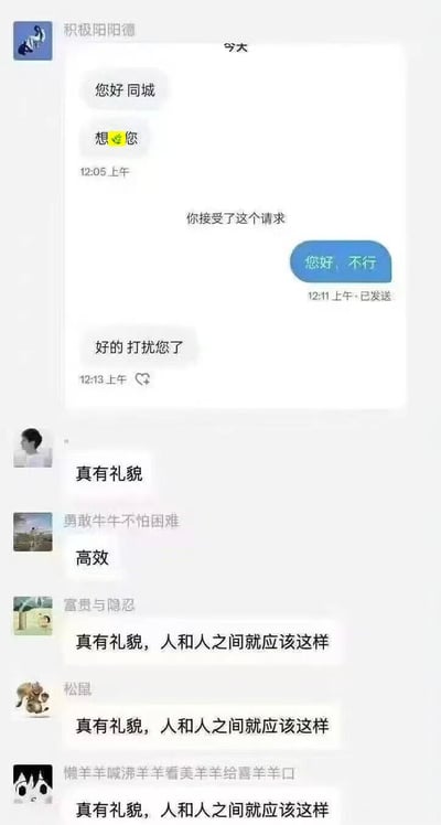 这是一张社交媒体聊天记录截图，展示了一段高效且礼貌的互动场景：用户“积极阳阳德”先发送“您好 同城”问候，随后发送带有黄色心形表情的“想💛您”消息。对方接受请求后，于12:11回复“您好，不行”礼貌拒绝，发送者随即在12:13回复“好的打扰您了”并附带心形点赞表情。截图下方有多条网友评论，内容包括“真有礼貌”“高效”以及重复出现的“真有礼貌，人和人之间就应该这样”，体现了网络用户对这种简洁礼貌沟通方式的认可。