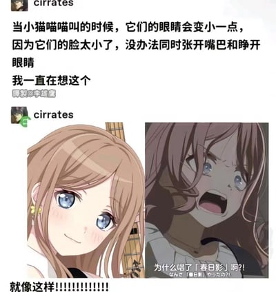 这张梗图通过图文结合的方式，用幽默的逻辑解释“小猫喵喵叫时眼睛会变小”——因为“脸太小无法同时张嘴睁眼”。上方文字描述了这一有趣猜想，下方左右对比两张动漫女孩图片：左侧女孩手持吉他，蓝眼微笑，眼睛圆润；右侧女孩嘴巴大张，表情激动，眼睛因张嘴而显得较小，配文“为什么唱了「春日影」啊?!”，底部用“就像这样!!!!!!!!!!!!!!”强调对比效果，生动呼应了开头关于猫咪的脑洞。