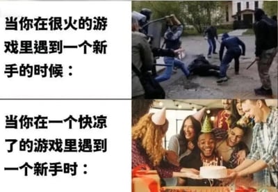 该图为上下对比的四格拼接图，通过图文结合的方式幽默展现不同热度游戏中遇到新手的态度差异。上半部分左侧文字为“当你在很火的游戏里遇到一个新手的时候：”，右侧配图是多人持械围殴倒地者的混乱打架场景；下半部分左侧文字为“当你在一个快凉了的游戏里遇到一个新手的时候：”，右侧配图是一群人戴着生日帽、围着插有蜡烛的蛋糕欢笑庆祝的温馨派对画面。通过强烈反差突出热门游戏对新手的“排斥”与冷门游戏对新手的“珍视”。