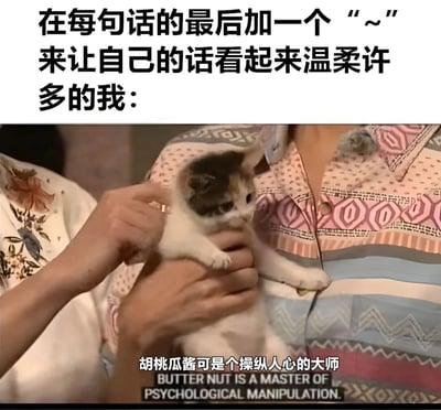 这张梗图由上下两部分组成。上方是黑色文字：“在每句话的最后加一个“~”来让自己的话看起来温柔许多的我：”。下方是一张照片，显示一个人抱着一只小猫，小猫表情看起来有些严肃。照片底部有一行字幕：“胡桃瓜酱可是个操纵人心的大师”，下面还有英文翻译：“BUTTER NUT IS A MASTER OF PSYCHOLOGICAL MANIPULATION.”。图片通过反差制造幽默效果，上方文字表达想通过加波浪号让语气变温柔的意图，而下方图片及字幕则暗示这种行为实际上可能是一种心理操纵。