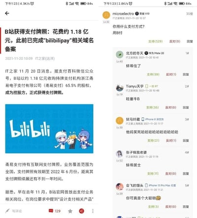 这是一张IT之家的科技新闻报道截图，整体分为左右两部分。左侧为新闻正文区域：报道了B站在2021年11月以约1.18亿元收购持牌支付机构浙江甬易电子支付有限公司65.5%的股权，正式获得全国范围的互联网支付牌照，该牌照有效期至2022年6月，距离续展不足一年；同时提到B站早在2020年11月就放出过支付业务相关岗位，要求设计支付相关产品。正文还配有一张bilibili的宣传图，图中是B站的看板娘22娘、33娘与小电视举杯庆祝的卡通形象。右侧为IT之家的网友评论区，网友们针对B站获得支付牌照一事发表了诸多搞笑互动评论，如“用B付”“蚌埠住了”等，每条评论都标注了发布者昵称、使用设备、发布时间，以及支持和反对的互动数据，评论区氛围轻松活跃。
