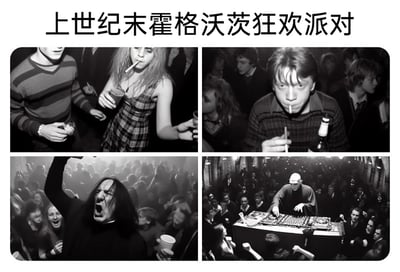 这是一张由四张黑白图片拼接而成的AI合成趣味创作图，主题为“上世纪末霍格沃茨狂欢派对”，核心是将《哈利·波特》系列里的经典角色置入复古迪斯科狂欢场景，制造强烈反差感。左上画面中，原作里乖巧的赫敏叼着烟嘴、手持饮品，和罗恩一起在人群中玩乐；右上的哈利·波特叼着烟，手持吸管与酒瓶，一脸不羁；左下的斯内普教授彻底打破原作中严肃阴沉的形象，在狂欢人群里高举手臂、张嘴嘶吼，情绪极度亢奋；右下的伏地魔则化身DJ，在打碟台前操作设备，周围的人群都在兴奋地跟随节奏狂欢。整体画面通过颠覆角色固有形象，营造出荒诞搞笑的氛围，充满恶搞趣味。