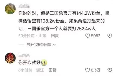 这是一张社交媒体评论截图，展示了用户与游戏官方账号的趣味互动。用户“威威猫”留言称：“你说的对，但是三国杀官方有144.2W粉丝，黑神话悟空有108.2w粉丝，如果两边打起来的话，三国杀官方一个人就要打252.4w人”，其中存在明显的数学逻辑错误——将双方粉丝数相加（144.2W+108.2W=252.4W）来计算“人均对战人数”，形成幽默效果。随后，“三国杀”官方账号以“你开心就好😊”的轻松态度回复，引发网友关注，该评论获得5083点赞，官方回复获8.3万点赞，并展开125条回复讨论。