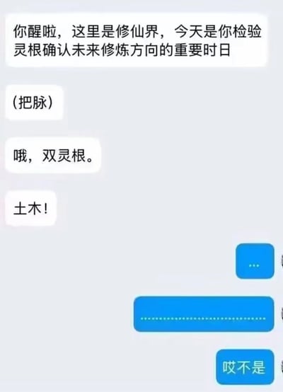 这是一张以修仙题材为背景的搞笑梗图，通过对话形式展开。画面中先是有人告知“你”已身处修仙界，今天要检验灵根以确定修炼方向，随后经过把脉诊断出是“双灵根”，结果却揭晓是“土木”双灵根，最后以“哎不是”的反驳收尾。图中利用“土木”在修仙语境中本应指土属性和木属性灵根，却巧妙关联现实中“土木工程”这一专业，形成幽默反差，制造出意想不到的搞笑效果。
