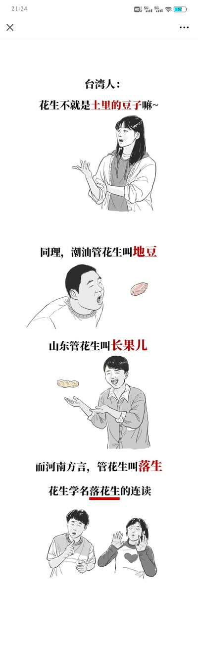 这是一张采用黑白卡通画风的竖屏图文科普漫画，用于介绍不同地区对花生的方言称呼。内容分为四个板块：第一板块展示台湾人将花生称为‘土里的豆子’，搭配一个表情惊讶、单手摊开的女性卡通插画；第二板块说明潮汕地区称花生为‘地豆’，搭配一个张嘴准备接空中花生的男性卡通插画；第三板块介绍山东地区称花生为‘长果儿’，搭配一个伸手接花生的男性卡通插画；第四板块讲解河南方言里将花生称为‘落生’，这是花生学名‘落花生’的连读，搭配两个表情惊讶、做出讲解和反应的男女卡通插画。整体内容生动有趣，通过漫画形式展现了不同地域的方言文化差异，属于科普类的文化内容。