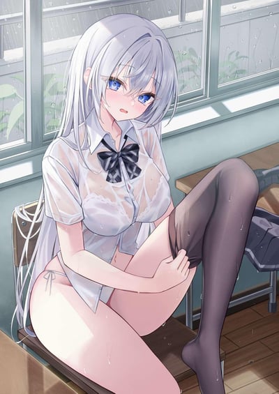 图中是一位银发蓝眼的动漫少女，她坐在窗边的椅子上。窗外下着雨，玻璃上有水滴。少女穿着半透明的白色衬衫，领口系着黑色蝴蝶结，能隐约看到里面的白色蕾丝内衣。她穿着黑色的长筒袜，一只手放在大腿上，表情带着一丝羞涩。整体画面风格唯美，充满了二次元的浪漫气息。