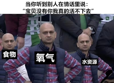 图片上方配有文字“当你听到别人在情话里说：‘宝贝没有你我真的活不下去’”，下方是三位表情严肃的光头男性并排站立，他们分别被标注了“食物”、“氧气”和“水资源”。通过将生存必需的基本物质拟人化并摆出严肃姿态，幽默地讽刺了夸张情话与现实生存需求之间的反差，暗示这些基本物质才是真正“活不下去”的关键，而非恋人。