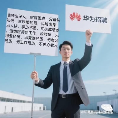 这是一张AI生成的职场求职梗图，画面中一位身着西装的男士，双手分别举着两块展示牌：右侧是带有华为标志的「华为招聘」牌，左侧则是一段对自身情况的坦诚描述：「非独生子女，家庭困难，父母认知低，喜欢敲代码，科班出身，无人脉，学历不差，在校成绩差，迫切想得到工作，没对象，无创业经历，无竞赛经历，无考公经历，无工作经历，不关心收入」。
图中没有双关、谐音梗或暗示内容，以自嘲又恳切的方式，展现了这类“零额外光环”求职者渴望获得工作的状态，戳中职场求职群体的共鸣。