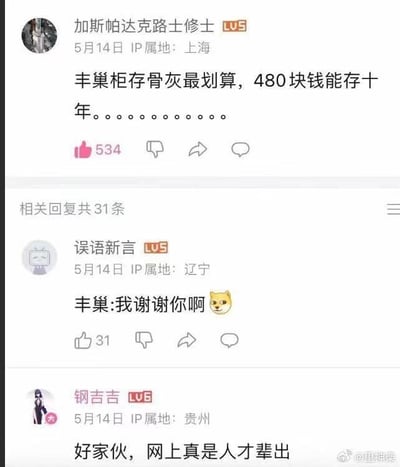 这是一张社交媒体评论区的截图，展示了三条趣味互动的评论：
1. 用户「加斯帕达克罗士修士」（IP属地上海，LV5）发表评论，脑洞大开地调侃丰巢柜存骨灰最划算，称480块钱能存十年，该评论获得534个赞；
2. 用户「误语新言」（IP属地辽宁，LV5）回复这条评论，用「丰巢:我谢谢你啊」搭配Doge狗头表情，调侃这个离谱的脑洞，获得31个赞；
3. 用户「钢吉吉」（IP属地贵州，LV6）评论「好家伙，网上真是人才辈出」，表达对这个清奇脑洞的惊叹。
整个内容通过日常快递柜的存储功能调侃骨灰存放，用强烈的反差感制造出荒诞搞笑的效果，没有双关、谐音梗等特殊修辞。