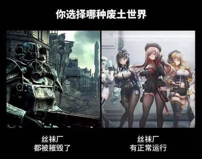 这是一张左右对比的搞笑梗图，顶部标题为“你选择哪种废土世界”。左侧是《辐射》系列游戏里的动力装甲，背景是破败荒芜的废土城市，配文“丝袜厂都被摧毁了”，呈现出传统后启示录风格的压抑废土场景；右侧是手游《少女前线》中的多名女性战术人形角色，角色均穿着丝袜，配文“丝袜厂有正常运行”，是充满二次元美少女元素的场景。图中通过两种完全不同的废土设定做反差，用“丝袜厂是否正常运行”作为搞笑的选择核心，调侃部分玩家更倾向于有二次元美少女的“福利向”废土世界，制造出荒诞幽默的效果。