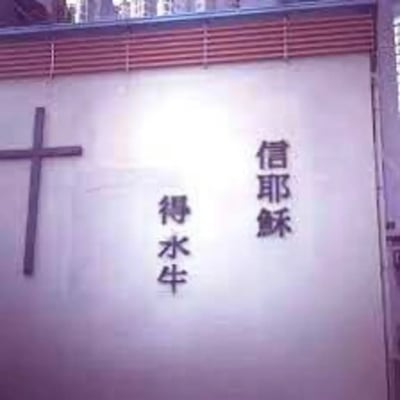 图片为某教堂或宗教机构外墙，左侧有十字架标志，右侧墙上写着“信耶稣 得水牛”。这其实是对宗教标语“信耶稣，得永生”的戏谑谐音，将“永生”变为“水牛”，表现了恶搞幽默的网络文化气质。整体风格轻松无厘头，带有明显谐音双关梗。

特别说明：本图核心是“信耶稣得永生”与“信耶稣得水牛”的谐音梗，非常有互联网恶搞特征。无任何政治暗指。