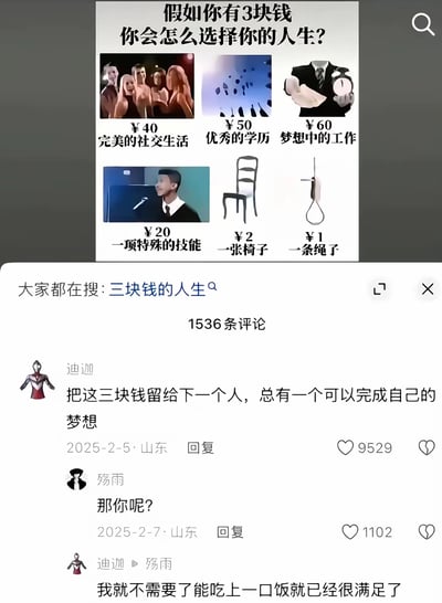 这是一张社交媒体评论区截图，上方是网络流行的趣味选择题：假设你仅有3块钱如何选购人生选项，给出的所有选项价格都远高于3元，暗含普通人很难同时拥有理想的社交、学历、工作等人生要素的调侃；下方是相关话题的评论区，昵称为迪迦的用户评论称要把3块钱留给别人去完成梦想，被问到自身需求时回复自己能吃上一口饭就已经满足，内容充满对当代年轻人生活压力大、对人生期许降低的自嘲情绪，引发大量网友共鸣。
