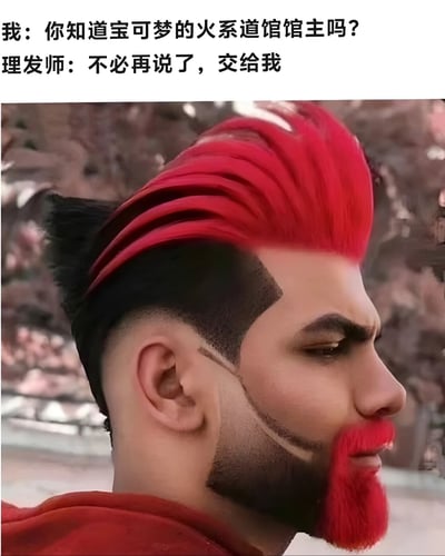 图片上方是一段对话文本：“我：你知道宝可梦的火系道馆馆主吗？ 理发师：不必再说了，交给我”。下方是一张真人侧脸照，人物有着夸张的红色高耸发型，顶部头发呈火焰状卷曲，两侧为黑色渐变短发，胡须也染成红色并带有黑色线条装饰，整体造型酷似宝可梦系列中火系道馆馆主的标志性火焰元素。幽默点在于理发师将“询问火系道馆馆主”误解为“要求剪火系道馆馆主风格发型”，从而打造出极具视觉冲击力的夸张造型。