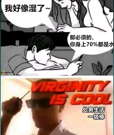 这是一张上下拼接的搞笑梗图，分为两个部分：
1. 上半部分是黑白卡通场景：女生略带娇羞地说“我好像湿了~”，话语带有暧昧暗示，而男生正低头专注玩手机，用科学常识式的直男思维回复“那必须的，你身上70%都是水”，完全没领会女生的言外之意，呈现出尴尬又好笑的不解风情瞬间。
2. 下半部分是真人画面：一位戴墨镜的人举着类似烟的物品，画面配有英文“VIRGINITY IS COOL”和中文“处男生活一级棒”，用来调侃上半部分男生的直男表现，将其归类为“处男式”的不解风情。
图中存在双关暗示：女生的“湿了”带有暧昧的场景暗示，男生的回复则完全偏离了这种暗示，形成强烈反差制造笑点。