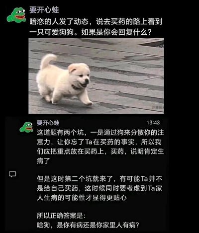 这是一张来自网络社交平台的图文段子截图，由使用Pepe青蛙（要开心蛙）作为头像的用户发布。内容分为两部分：首先提出一个社交场景问题——暗恋的人发布动态称在去买药的路上看到一只可爱狗狗，询问应该如何回复；随后用户一本正经地解析该问题的两个“坑点”：第一个坑是容易被可爱狗狗分散注意力，忽略对方正在买药的事实，而买药意味着有人生病；第二个坑是需要考虑到对方可能是给家人买药而非自己。最后用户给出一个打破常规思路的无厘头搞笑回复：“啥狗，是你有病还是你家里人有病？”，通过严肃的分析与荒诞的答案形成反差，制造幽默效果，配图是一只在路面上奔跑的浅米色可爱小狗，图片右下角带有“沙雕图”水印。