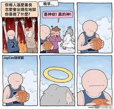 这是一组脑洞搞笑连环卡通漫画，第一格场景设定在地狱，一名被绑的囚犯满脸疑惑地询问同样被束缚的2号球衣光头男子，为何本性善良的他会被打入地狱；第二格切换至稍早的天堂场景，一名路人激动地双手捂嘴大喊，称见到了上帝，此时上帝正从旁走过；第三到第六格揭晓了光头男子进地狱的原因：他手持篮球，将上帝头顶的光环错当成篮球框，直接扣了上去，光环从上帝头上掉落，光头男子随后露出无奈的表情，这个冒犯上帝的荒诞行为就是他被打入地狱的缘由，整体剧情通过神反转的设定制造出强烈的搞笑效果。
