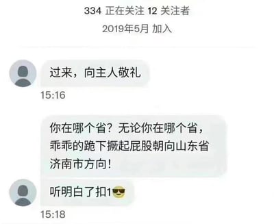 这是一张聊天记录截图，显示了一个用户账号（2019年5月加入，关注334人，有12个关注者）发送的一系列包含地域歧视和侮辱性语言的消息。内容包括要求他人敬礼、询问所在省份后，发表要求向山东省济南市方向做出不雅动作的冒犯性言论，并要求他人回复确认。此类内容涉嫌地域歧视和人身侮辱，属于不良信息。