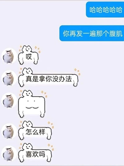 这是一张社交平台的聊天记录截图，左侧是搭配mur猫头像的对话气泡，右侧是蓝色的用户消息气泡。用户先发送“哈哈哈哈哈”，接着要求对方“你再发一遍那个腹肌”，对方以mur猫的形象回应“哎”“真是拿你没办法”，随后发出一个用简单线条画出的“腹肌”图案，接着询问“怎么样”“喜欢吗”，整个对话是朋友间的趣味互动，用极其简易的手绘腹肌来制造反差搞笑的效果，氛围轻松诙谐，没有双关、谐音梗等特殊内容。