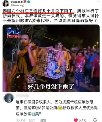 这是一张中文社交平台流传的截图，上方是X平台用户tkasasagi发布的内容：泰国多个村庄数月未降雨，举办传统祈雨仪式时，原本按习俗要在仪式的笼子里放一只猫，当地人觉得猫太可怜，就改用哆啦A梦玩偶代替，祈愿早日降雨；配图是夜晚祈雨游行的画面，两名男子抬着装有哆啦A梦的笼子走在队伍中，画面配文“好几个月没下雨了”。截图下方是中文网友的评论，调侃该事在泰国有争议，因为传统要求放母猫，而哆啦A梦是公猫，不少人觉得应该用哆啦美才符合习俗，整体内容充满趣味性，是结合民俗和二次元IP的玩梗内容。