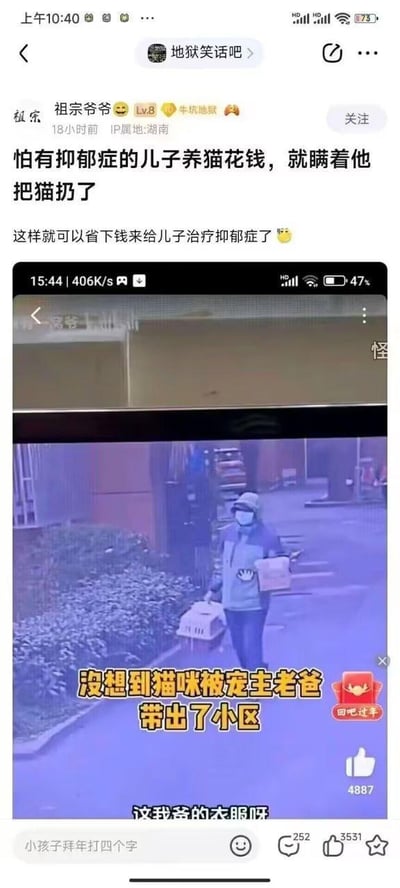 这是百度贴吧「地狱笑话吧」的一则帖子，用户「祖宗爷爷」发布了一个充满讽刺性的真实事件：一位父亲担心患有抑郁症的儿子养猫会花钱，于是瞒着儿子把猫扔了，还声称这样能省下钱给儿子治疗抑郁症。帖子附带了一段监控截图，画面中穿着特定衣服的人提着猫笼走出小区，被儿子认出是自己的父亲，配文标注「没想到猫咪被宠主老爸带出了小区」「这我爸的衣服呀」。这个事件的荒诞之处在于，父亲完全忽略了猫对抑郁症儿子的精神慰藉作用，这种看似为儿子好的行为反而可能对儿子的病情造成负面影响，属于典型的「地狱笑话」，逻辑扎心又充满讽刺感，引发了网友的讨论。