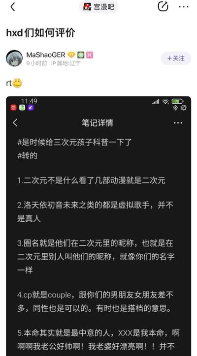 这是百度贴吧「宫漫吧」的一则帖子，用户「MaShaoGER」发布内容「rt😀」，并附上一张手机截图。截图是一则面向三次元用户的二次元术语科普笔记，内容包含对「二次元」「虚拟歌手」「圈名」「cp」「本命」这些ACG常用词汇的解释，楼主发帖询问吧友们如何评价这则科普内容。