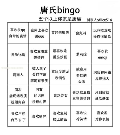 这是一张名为“唐氏bingo”的5×5布局趣味测试梗图，上方标注“五个以上你就是唐逼”，制表人为Alice514。图中罗列了25条网络常见的趣味行为与喜好标签，比如喜欢发QQ自带表情、网上说666、玩游戏操作抽象、喜欢发各类表情包、见到猫说哈基米等，用于和朋友进行趣味对照互动，属于网络整活类的搞笑内容，通过夸张的标签来制造玩梗效果。