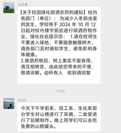 这是一段校园群聊的聊天记录截图，先是用户丛日涛发布了校园喷洒农药的通知，告知从2024年10月12日起校内将喷洒农药，提醒师生不要接触绿地和树木，喷药后的树上果实禁止食用；紧接着用户SYSZ发布消息，称当天下午有学生采摘了山楂，二食堂做成了免费罐头，晚上可以食用。两条消息时间相近，形成了极具戏剧性的巧合场面，让人不禁担心这批山楂是否在喷药前采摘，充满了尴尬的幽默感。
