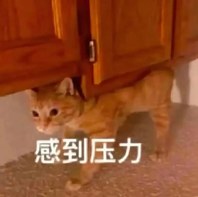图片中一只橘色虎斑猫正从木质柜子下方的缝隙中钻出，仅露出脑袋和前爪，圆溜溜的大眼睛直视前方，表情呆萌。柜子为棕色实木材质，柜门连接处可见金属合页。猫的身体大部分仍藏在柜子下，形成一种努力挤出的可爱姿态。图片底部有白色文字“感到压力”，与猫咪试图钻出来的费劲模样形成幽默呼应，仿佛猫咪在表达自己“压力山大”的状态，整体画面温馨又搞笑，充满生活气息。