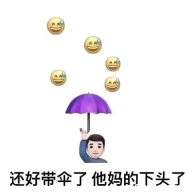 这是一张P图改编的图文混排静态梗图，画面下方是一名表情平静的卡通男性人物，他高举着一把紫色雨伞；人物上方有六个黄色的笑哭表情，仿佛从上方落下。图片底部配有文字“还好带伞了 他妈的下头了”，其中“下头”是网络流行语，指遇到令人扫兴、失望的事情。这张图用幽默的画面结合热词，以夸张的方式表达自己遇到扫兴之事时，提前有所准备、试图避开糟糕情绪的心态，消解负面情绪。