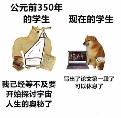 这是一张左右分栏的对比类搞笑梗图，左侧呈现的是标注为“公元前350年的学生”的形象：以肌肉柴犬（Buff Doge）为基础，被手绘上古希腊风格的单肩衣物，身旁堆叠着厚重的古籍，还架设着一台望远镜，配文“我已经等不及要开始探讨宇宙人生的奥秘了”，传递出古代学子对探索宏大知识议题的急切与热忱；右侧是标注为“现在的学生”的形象：以Cheems柴犬为原型，慵懒地坐在播放视频的笔记本电脑和冰奶茶旁，配文“写出了论文第一段了可以休息了”，表现出现代学生在学习过程中，仅取得微小进展就满足于休息的状态。图片通过强烈的古今对比，调侃了现代学生与古代学子在学习动力、求知欲上的差异，充满幽默讽刺意味。