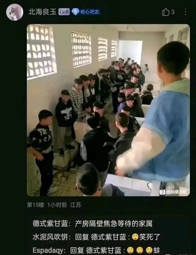 这是一张百度贴吧的帖子截图，楼主为Lv.6核心吧友“北海良玉”，发布的图片展示了大量男生拥挤在一个带有格栅窗户的室内空间，该空间看起来像是学校公共厕所或集体宿舍区域，人群姿态各异，有的站立有的坐着，整体氛围比较日常随意。帖子评论区中，用户“德式紫甘蓝”玩梗将这个日常场景调侃为“产房隔壁焦急等待的家属”，用场景的反差感制造出强烈的幽默效果；用户“水泥风吹饼”和“Espadaqy”分别回复了哭笑不得的表情，表达自己被这个梗逗笑的心情，整个帖子是网友在社区内分享的趣味梗图内容，通过错位的场景调侃来制造欢乐。
