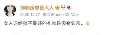 这是一张微博平台的社交媒体截图，用户“御骟房总管大人”于6月20日12:27通过iPhone XS Max发布一条极具争议性的言论：“女人送给孩子最好的礼物是没有父亲。”并附带一个火焰表情。用户头像为面无表情的卡通女性形象，昵称旁搭配了熊猫、火焰等表情符号。该言论观点极端，颠覆常规家庭认知，容易引发关于亲子关系、父亲角色的激烈讨论，图中无谐音梗、双关或暗示内容。