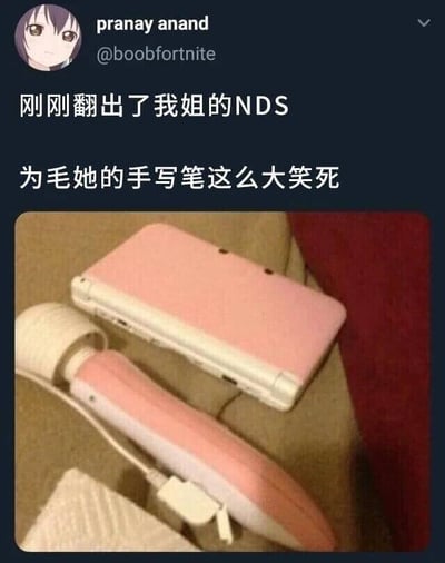这是一张来自推特（X）的社交媒体截图，用户pranay anand发布动态称翻出了姐姐的NDS掌机，疑惑为什么它的手写笔这么大并觉得好笑。但配图显示，所谓的“超大手写笔”其实是一个外观颜色和NDS接近的电动卷发棒，由于摆放位置和角度巧合，造成了视觉错位，让用户误将卷发棒认成了NDS的手写笔，这种日常里的视觉错觉制造出了搞笑的效果。