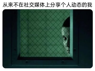 这是一张趣味梗图，图片上方配有文字“从来不在社交媒体上分享个人动态的我”，下方是电影《肖申克的救赎》的经典截图：一个带有菱形铁网的深绿色小窗口后，安迪的半张脸探出来，眼神带着警惕与好奇。这张图将不在社交平台分享动态的状态类比为“被隔绝在信息的‘监狱’中”，既表现出这类人主动封闭自己、不对外展示生活的状态，又暗含了他们其实在默默观察外界社交动态的微妙心情，精准戳中了部分人在网络社交中的内敛心态。