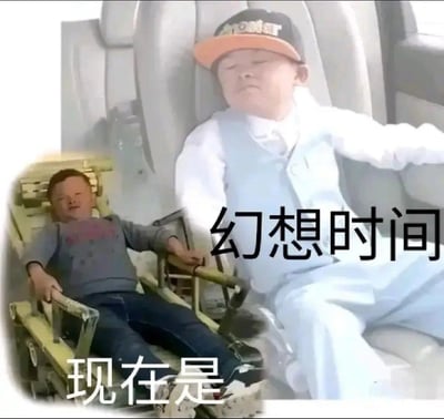 这张梗图采用上下对比的构图，下方是现实场景：一个小男孩随意地坐在行李车上，穿着普通的日常服装，神态放松；上方是P图合成的幻想场景：相似形象的小男孩打扮精致，惬意地靠在豪车的座椅上，仿佛过上了奢华的生活。图中配文“现在是
幻想时间”，用强烈的反差感调侃普通人日常幻想自己拥有更好生活的心态，风格搞笑接地气，没有双关或谐音梗。