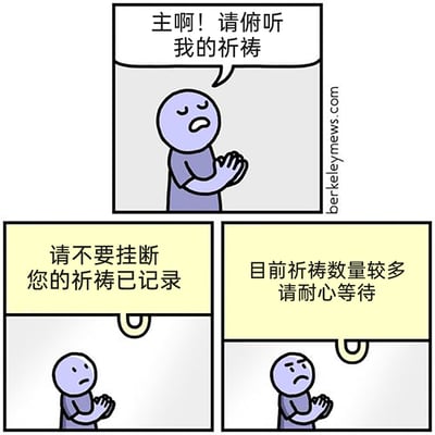 这是一幅三格连环卡通漫画，第一格中，紫色卡通人物双手合十，一脸虔诚地向上帝祈祷，说道：“主啊！请俯听我的祈祷”；第二格中，画面上方出现类似电话客服的自动应答提示框，显示“请不要挂断 您的祈祷已记录”，原本虔诚的人物露出疑惑的神情；第三格的提示框则显示“目前祈祷数量较多 请耐心等待”，人物的表情转为沮丧。漫画将宗教祈祷的行为类比为拨打客服电话时遇到排队等待的场景，用荒诞的现代生活场景解构传统的祈祷行为，制造出强烈的幽默讽刺效果，调侃了祈祷无法得到即时回应的现实。