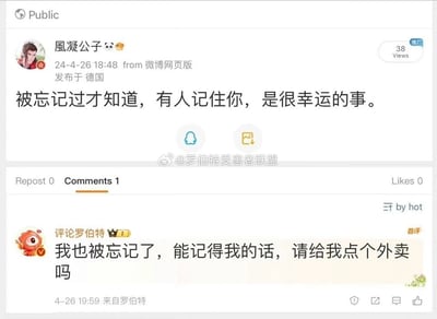 这是一张来自微博网页版的内容截图，发布者“風凝公子”于2024年4月26日18:48在德国发布了一条带有个人感慨的动态，文案为“被忘记过才知道，有人记住你，是很幸运的事。”，这条动态获得了38次浏览，0转发、0点赞，有1条评论。评论区的首评由用户“评论罗伯特”在当天19:59发布，该用户以幽默接地气的方式接下原动态“被忘记”的话题，写下“我也被忘记了，能记得我的话，请给我点个外卖吗”，用反差感制造出笑点，将原本略带伤感的感慨转化为轻松的玩梗互动。图片中间还有水印“@罗伯特受害者联盟”，暗示“评论罗伯特”是一个专门进行趣味互动的账号。