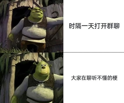 图片为上下两格拼接的表情包，均使用动画电影《怪物史莱克》中的角色史莱克形象。上半格中，史莱克站在自己的木屋门口，面带微笑，右臂向外伸出，旁边配文“时隔一天打开群聊”；下半格中，史莱克表情变为困惑，眼睛睁大，同样站在木屋门口，配文“大家在聊听不懂的梗”。通过史莱克前后表情的对比，幽默地表现了隔一段时间不看群聊就跟不上大家讨论话题（网络梗）的无奈感受。